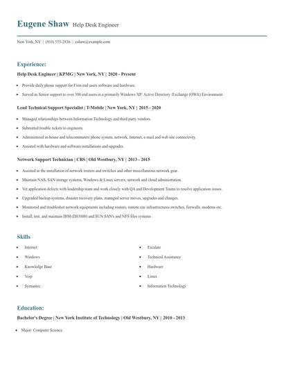 Help Desk Engineer Resume