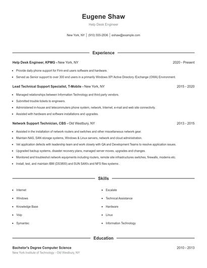 Help Desk Engineer Resume