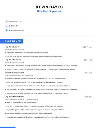 Help Desk Supervisor Resume