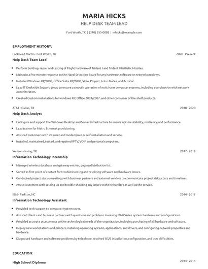 Help Desk Team Lead Resume