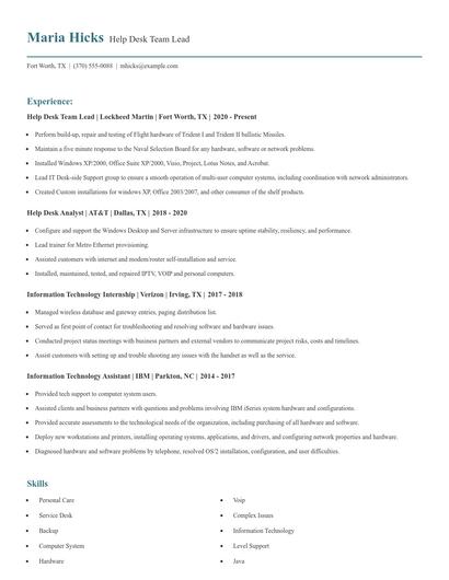 Help Desk Team Lead Resume