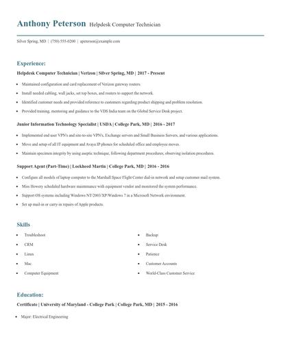 Helpdesk Computer Technician Resume
