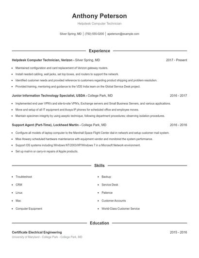 Helpdesk Computer Technician Resume