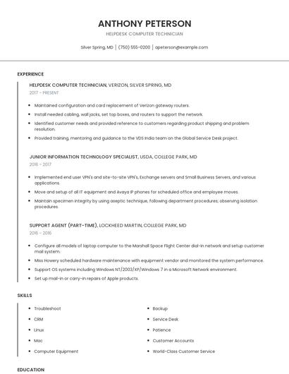 Helpdesk Computer Technician Resume