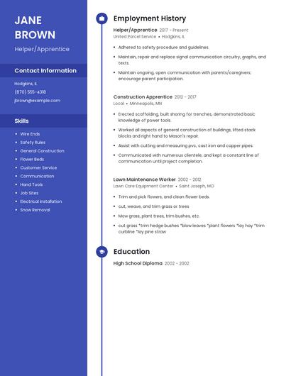 Helper/Apprentice Resume