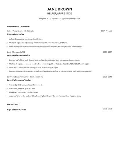 Helper/Apprentice Resume