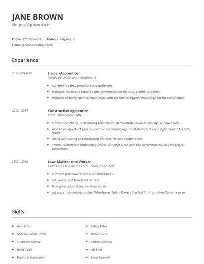 Helper/Apprentice Resume