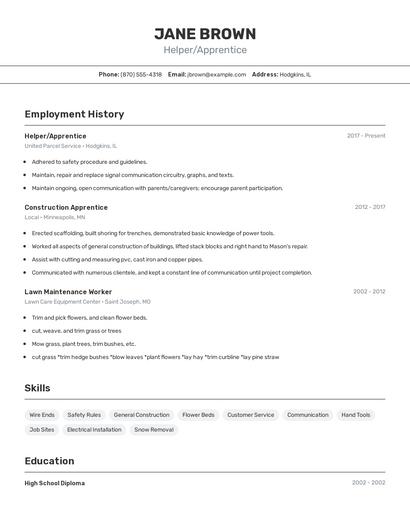 Helper/Apprentice Resume