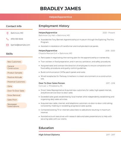 Helper/Apprentice Resume