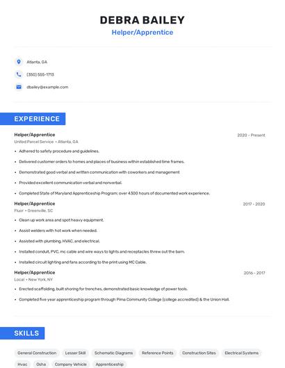 Helper/Apprentice Resume