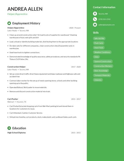 Helper/Apprentice Resume