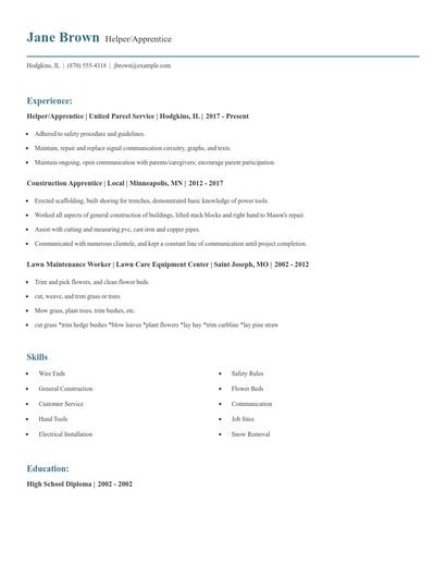 Helper/Apprentice Resume