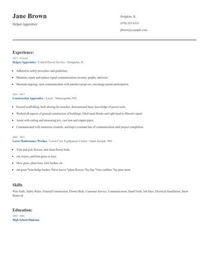 Helper/Apprentice Resume