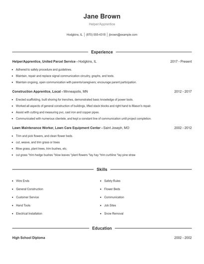 Helper/Apprentice Resume