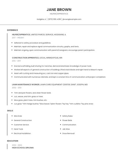 Helper/Apprentice Resume
