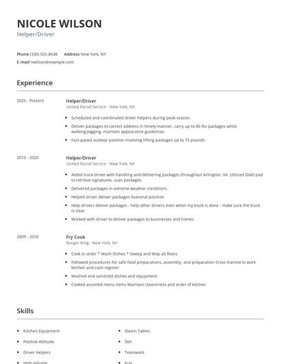 Helper/Driver Resume