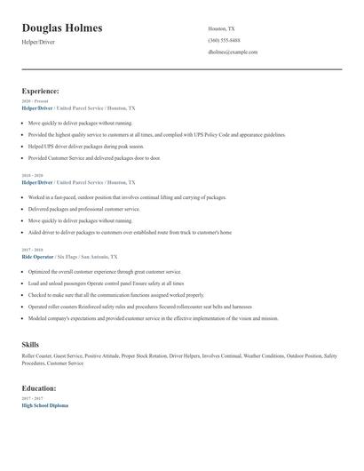 Helper/Driver Resume