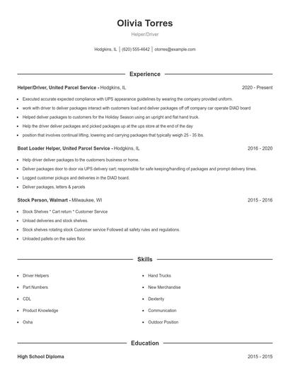Helper/Driver Resume