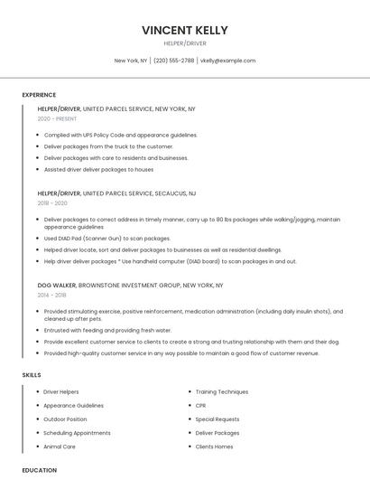 Helper/Driver Resume