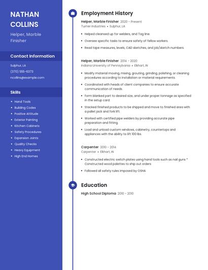 Helper, Marble Finisher Resume