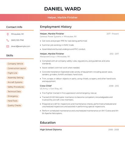 Helper, Marble Finisher Resume