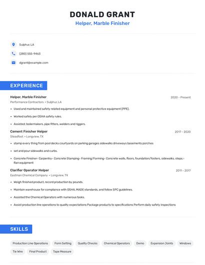 Helper, Marble Finisher Resume