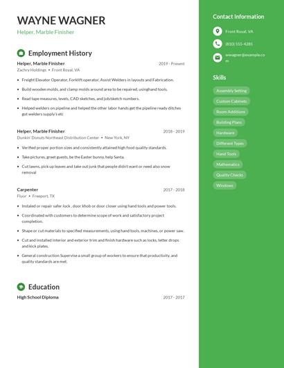 Helper, Marble Finisher Resume