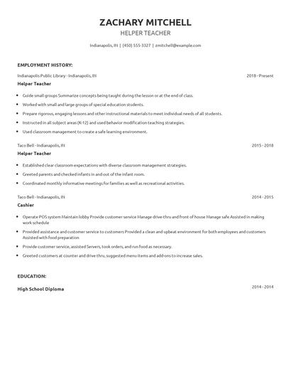 Helper Teacher Resume
