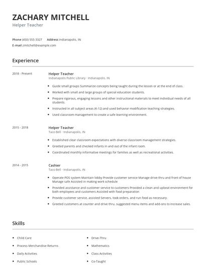 Helper Teacher Resume