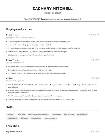 Helper Teacher Resume