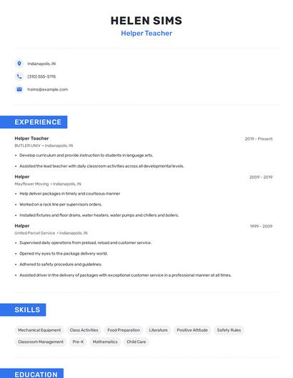Helper Teacher Resume