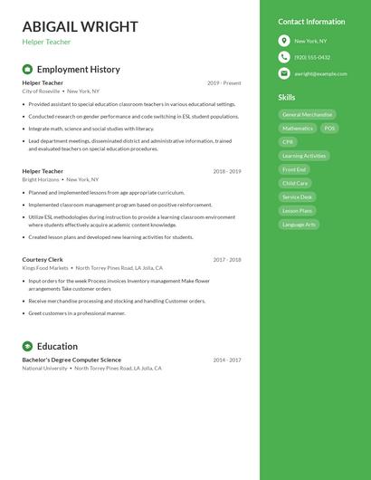 Helper Teacher Resume