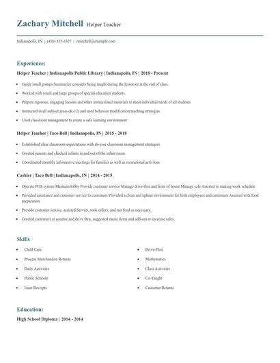 Helper Teacher Resume