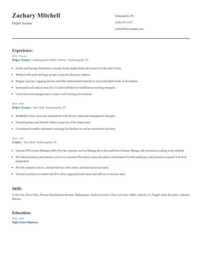 Helper Teacher Resume