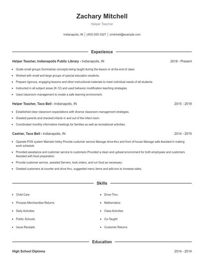 Helper Teacher Resume