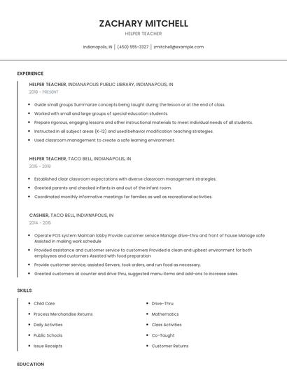 Helper Teacher Resume