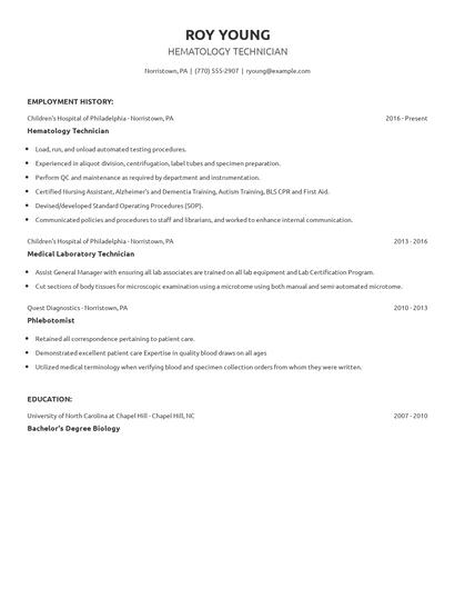 Hematology Technician Resume
