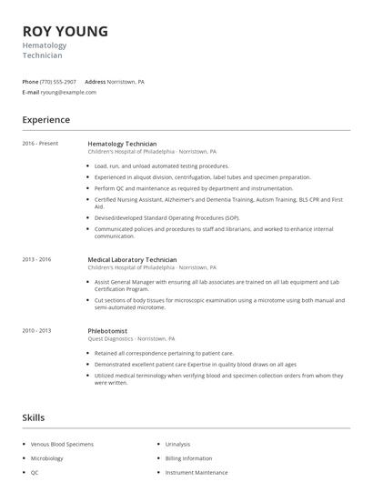 Hematology Technician Resume