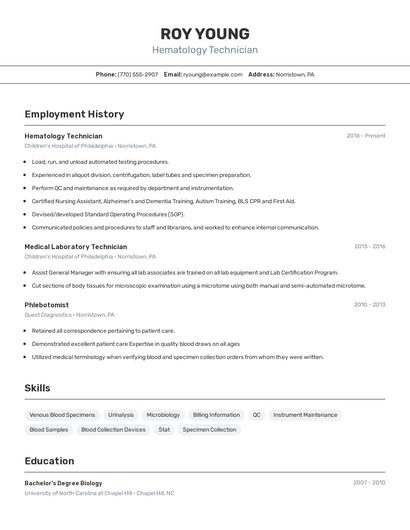 Hematology Technician Resume
