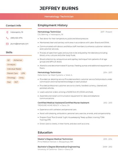 Hematology Technician Resume
