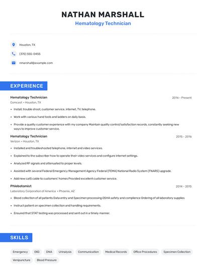 Hematology Technician Resume