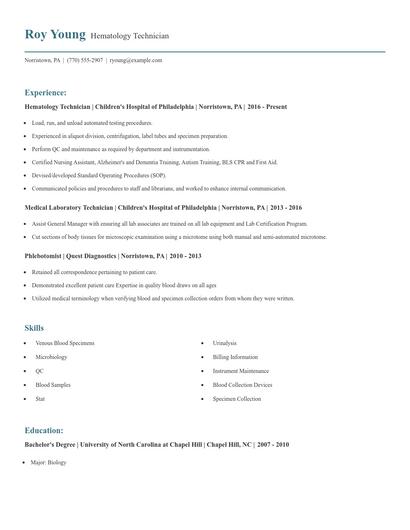 Hematology Technician Resume