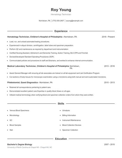 Hematology Technician Resume