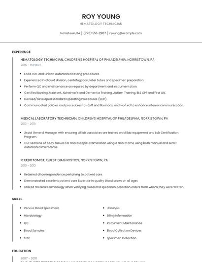 Hematology Technician Resume