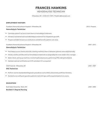 Hemodialysis Technician Resume