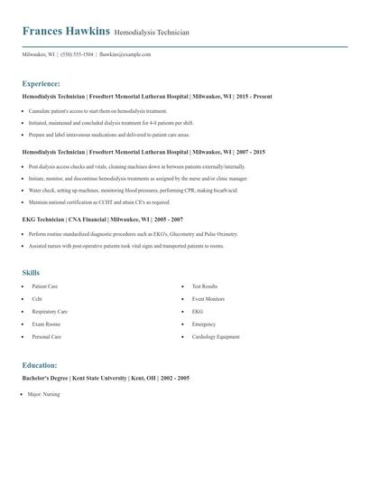 Hemodialysis Technician Resume