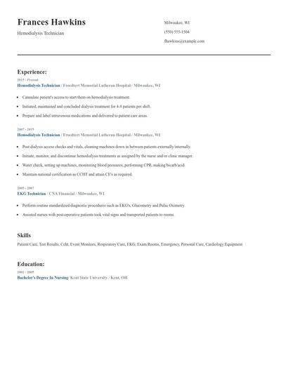 Hemodialysis Technician Resume