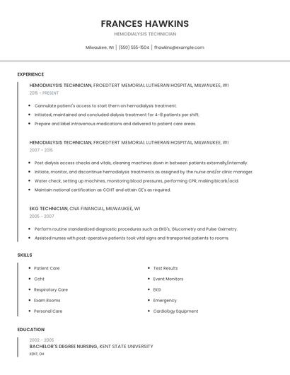 Hemodialysis Technician Resume