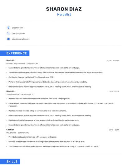 Herbalist Resume
