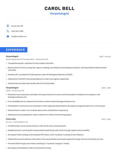 Herpetologist Resume